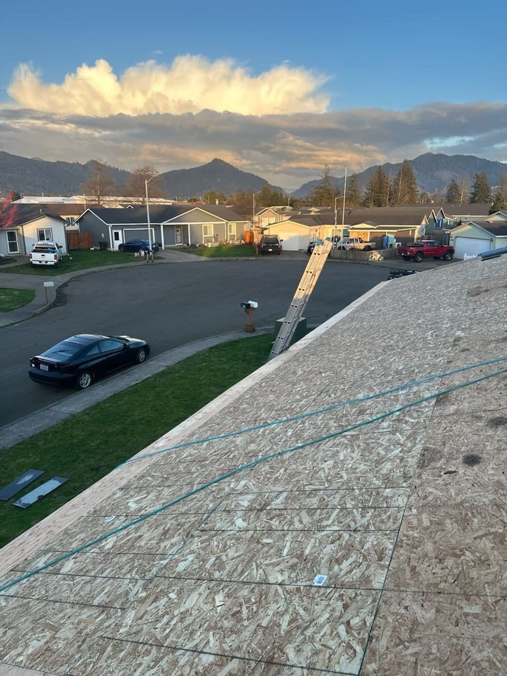 View from a roof showing a neighborhood, mountains, and a ladder against a scenic sky.