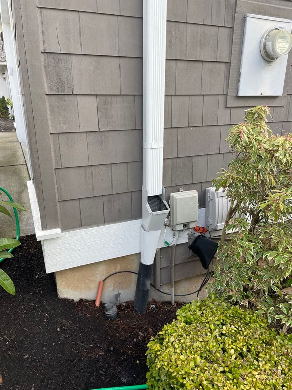 Downspout and utility meter on a house exterior with landscaping.