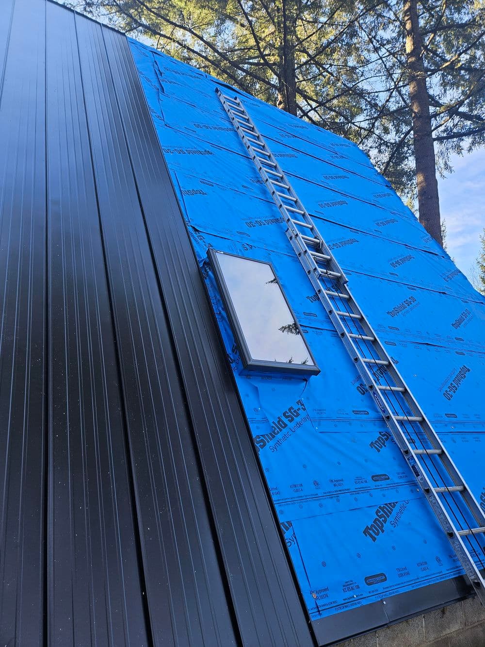 Roof installation with blue underlayment, metal panels, and a ladder against tree backdrop.