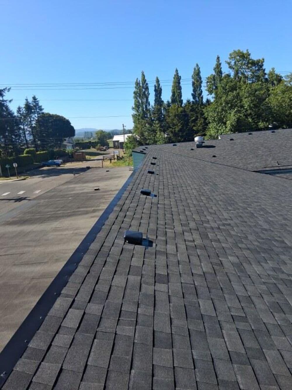 View of a black shingle roof with ventilation pipes against a clear blue sky.